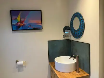 a bathroom with a sink and a mirror at Blue Lodge - by the sea, sauna, BBQ, private garden and parking in Aberystwyth