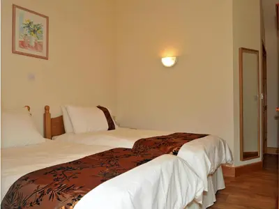 a hotel room with two beds and a mirror at Llaethdy Rachel Lampeter in Aberaeron