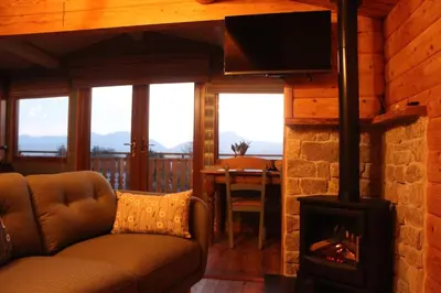 a living room with a couch and a fireplace at Beautifully Restored Log Cabin in Trawsfynydd
