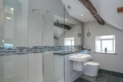 a bathroom with a shower and a toilet and a sink at Gegin-Faeldre in Llanbedr