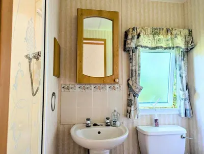 a bathroom with a sink and a toilet and a mirror at Family-Friendly Woodland Caravan Pool & Bar in Bryn-glâs Station