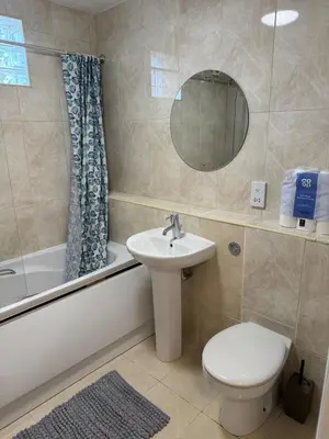 a bathroom with a sink and a toilet and a tub at Modern, sleeps 6, rural market town, Llani in Llanidloes