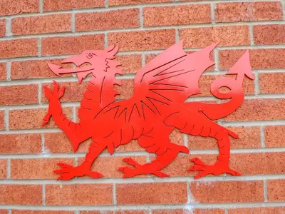a red dragon sign on a brick wall at 2 Mountain View in Wrexham