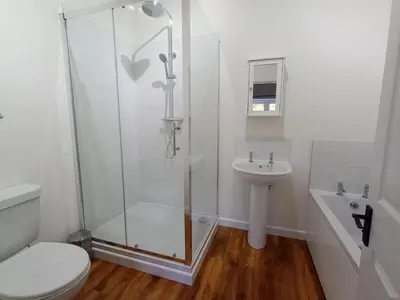 a bathroom with a shower and a toilet and a sink at Dog friendly rural location in Llanerch-Aeron