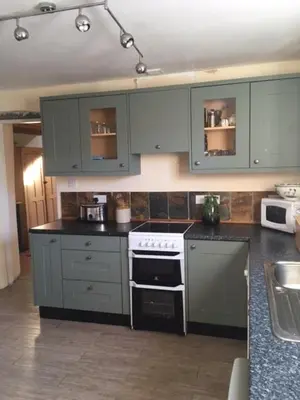 a kitchen with green cabinets and an oven in it at Pretty sunny cottage, Machynlleth in Machynlleth