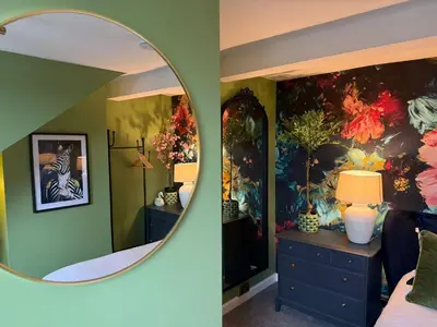 a bedroom with a mirror and a bedroom with a bed at Unique Shrewsbury Rooms in Shrewsbury