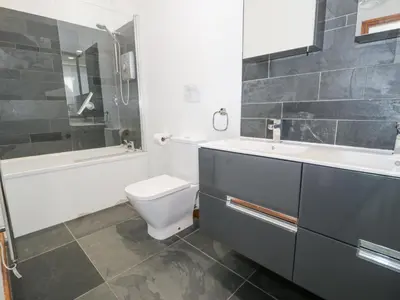 a bathroom with a toilet and a sink and a shower at Bwthyn y Coediwr The Woodcutters Cottage in Blaenau-Ffestiniog
