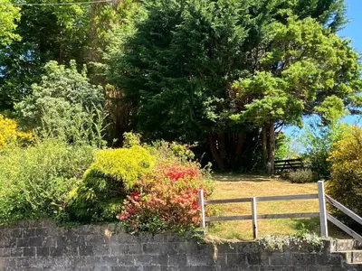 a garden with a fence and flowers and trees at Y Fedw Wen in Bont Newydd