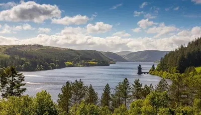 a view of a river with trees and mountains at Dine & Rest, 1 bedroom apartment at little India in Llanrhaeadr-ym-Mochnant