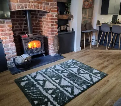 a living room with a fireplace and a rug at No 3 Waterloo Place in Welshpool
