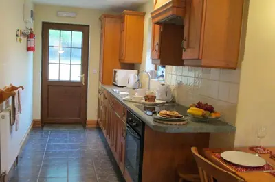 a kitchen with wooden cabinets and a counter top at Y Dderwen Aberaeron in Llanarth