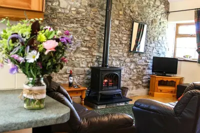 a living room with a stone wall with a fireplace at Y Dderwen Aberaeron in Llanarth