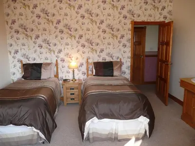 a bedroom with two beds and a wall with flowers at Heulwen Guest House in Dolgellau