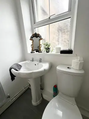 a bathroom with a sink and a toilet and a window at Cosy Cader Cottage in Dolgellau