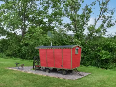 a red shed sitting in a park with a bench at Brown Hare - Uk49799 in Brecon
