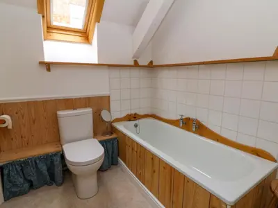 a bathroom with a toilet and a bath tub at Hafan Fach in Aberystwyth