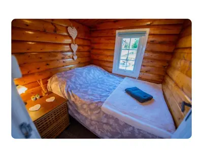 a bedroom with a bed in a log cabin at Snowdonia Escapes# Scenic Log Cabin with Views, WIFI & 2 Double bedrooms in Trawsfynydd