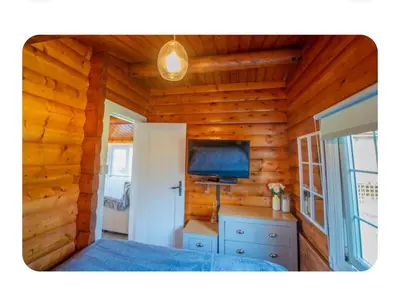 a bedroom in a log cabin with a bed and a television at Snowdonia Escapes# Scenic Log Cabin with Views, WIFI & 2 Double bedrooms in Trawsfynydd