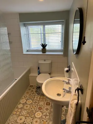 a bathroom with a toilet and a sink and a tub at Bear cottage in Brecon
