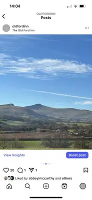 a screenshot of a website with a view of a field at The Old Ford inn in Llanhamlach