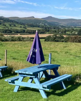 a picnic table with an umbrella on top of a field at The Old Ford inn in Llanhamlach