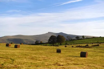 a field of hay bales in a field with mountains at 2 Bed in Pentre Bach oc-b30875 in Pentre-bâch