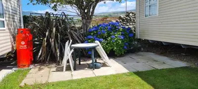 a yard with a red fire hydrant and a chair and flowers at Sher, My Happy super static -2026 Award winner in Llanddwywe