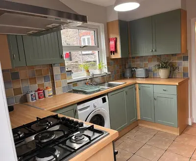 a kitchen with green cabinets and a stove top oven at Kookaburra Cottage in Brecon