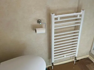 a toilet with a roll of toilet paper on a wall at Sylvan in Builth Wells