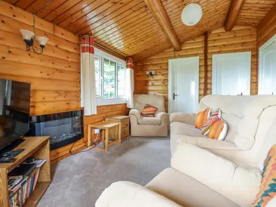 a living room with white furniture and wooden walls at Y Bwthyn Pren, Cabin 209, in Trawsfynydd