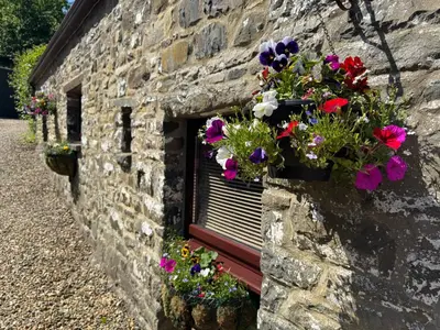 a window with flowers on the side of a stone building at Nanternis Farm in New Quay