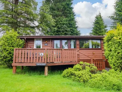 a large wooden cabin in the grass with trees at Swn Yr Afon - No 333 in Trawsfynydd