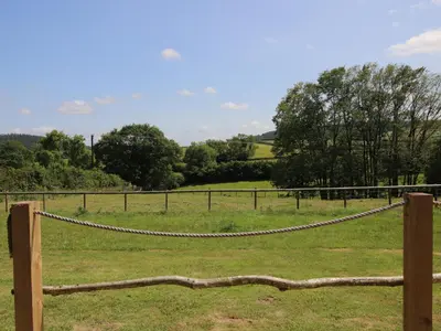 a rope fence in a field with a field at Owl's Hollow in Bucknell