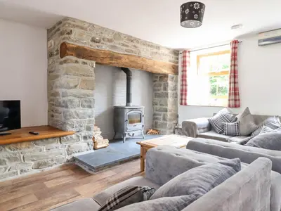 a living room with a stone fireplace and couches at Gwernffridd in Llanbrynmair