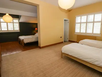 a bedroom with two beds and two windows at The Retreat at Glanrannell Park House in Llanwrda