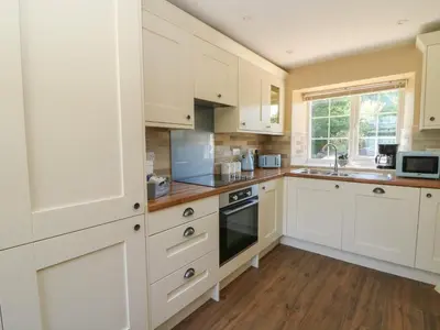 a kitchen with white cabinets and a sink at Felin Gogoyan in Tregaron