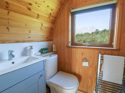 a bathroom with a toilet and a sink and a window at Ty Twt Teifi in Tregaron