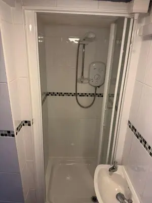 a bathroom with a shower and a toilet and a sink at Vesna Affordable comfort in Newtown