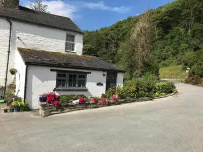 a white house with flowers in front of it at Ty Ffarm, Gogarth