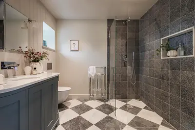 a bathroom with a shower and a toilet and a sink at Llys y wawr Luxury Holiday Let in Aberystwyth