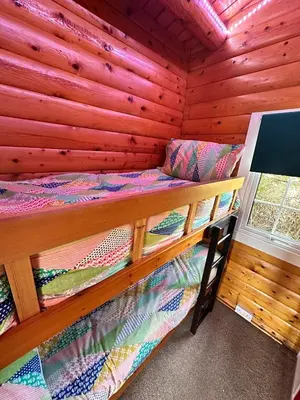 a bedroom with a bunk bed in a wooden cabin at Caban Enfys in Trawsfynydd