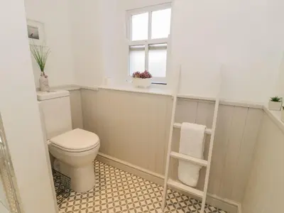 a bathroom with a toilet and a window at Bwthyn Mawr in Harlech