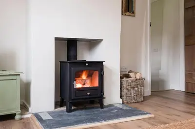 a stove in a living room with a fireplace at Cosy cottage with stunning views, close to Ludlow in Bucknell