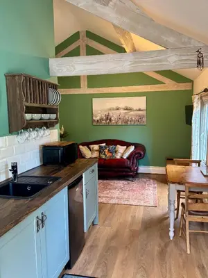a kitchen with green walls and a couch at The Robin, Arrowwood Self Catering in Kington