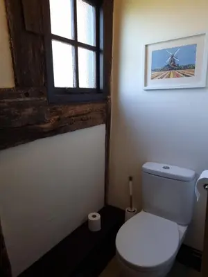 a bathroom with a white toilet and a window at The Wain House at Brinsop in Hereford