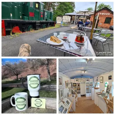 a collage of two pictures of a table with food and coffee at Vern Dale Cottage, Erwood, River Wye, Builth Wells in Builth Wells