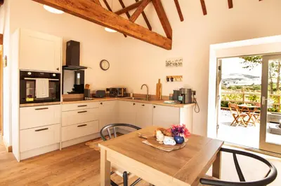 a large kitchen with a wooden table and a table sidx sidx sidx at Wyns Barn in Rhayader
