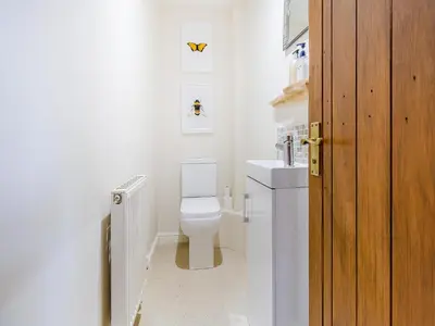 a bathroom with a toilet and a sink at Hays Boathouse-Maes-Y-Caer in Hay-on-Wye