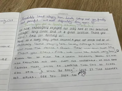 a letter from a friend to her husband at Awel Y Trydan Cottage in Pennant