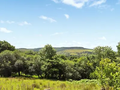 a view of a field with trees and hills at Farm House - Uk50262 in Llandeilo